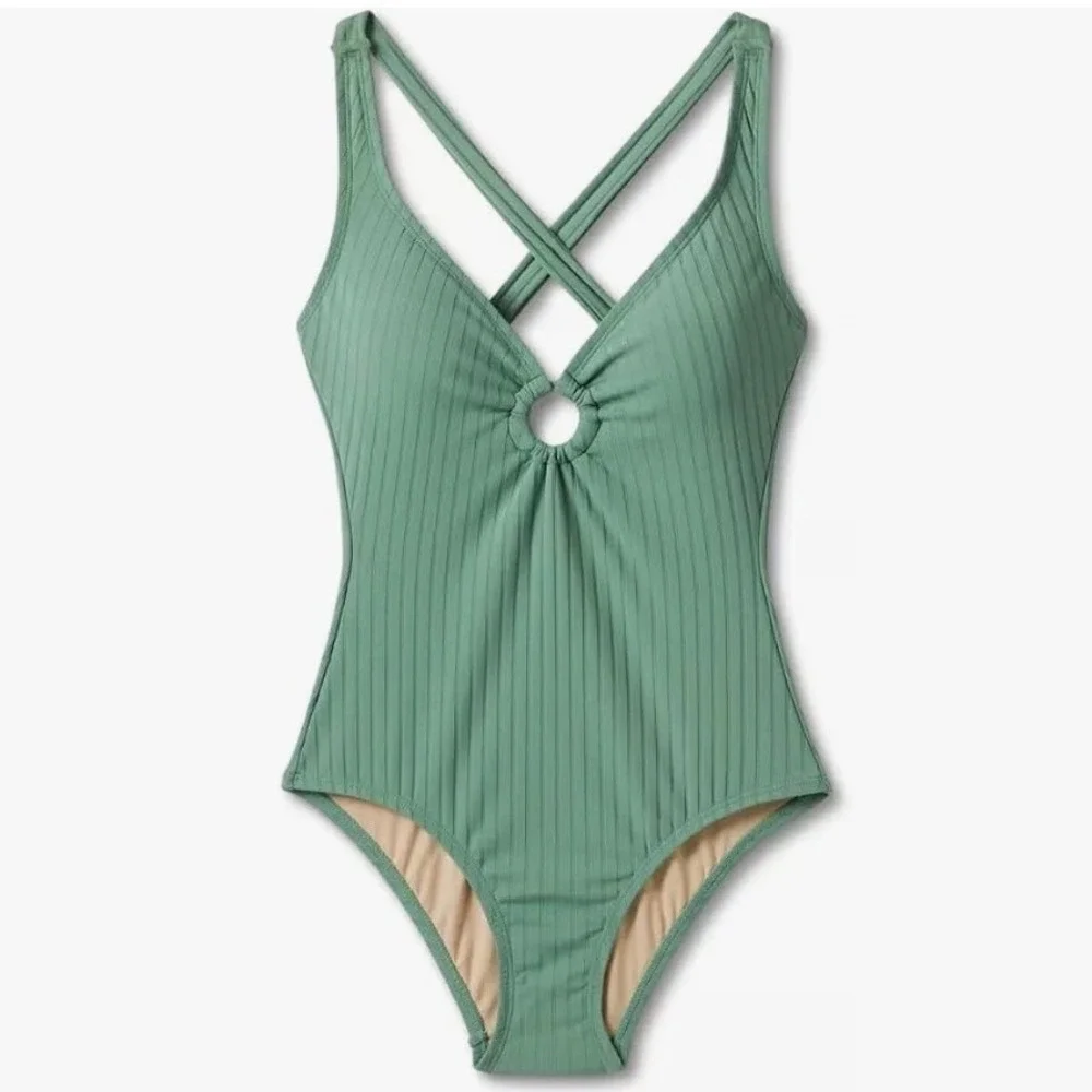 Kona Sol Ribbed O-Ring One Piece Swimsuit Women Size M Green New With Tags